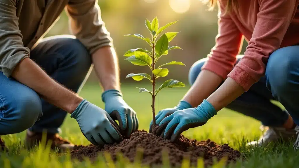 Denver family planting and watering a young tree, teamwork, nurturing healthy trees, pine and elm tree diseases prevention