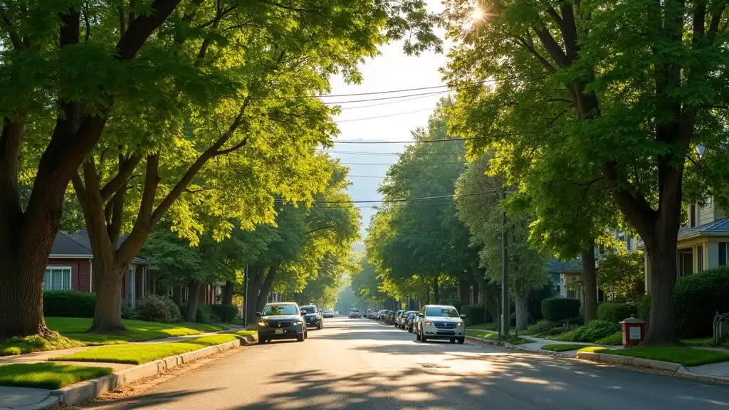 A quiet suburban street lined with large green trees and parked cars on both sides, with sunlight streaming through the foliage on a clear day.