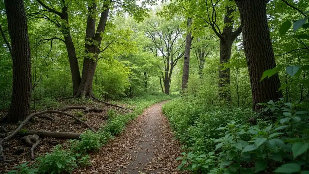 Denver city park showing contrast between healthy native trees and encroaching invasive species, concern about tree health and invasive species threats