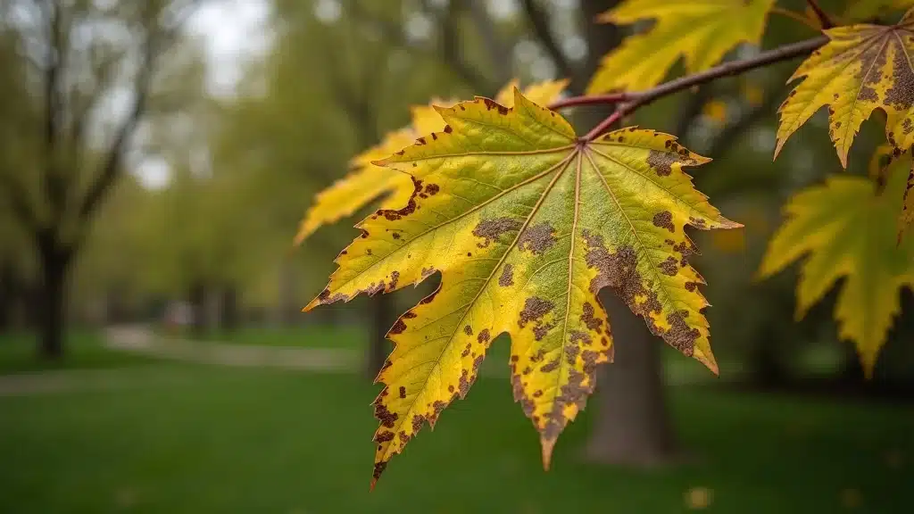 Close-up of diseased elm tree branch showing yellowing and wilting leaves with patchy discoloration, highlighting tree disease identification in Denver CO